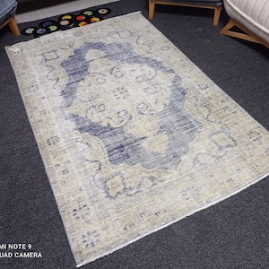 5x7 Vintage Turkish Oushak Rug: Blue-Green Saloon Rug