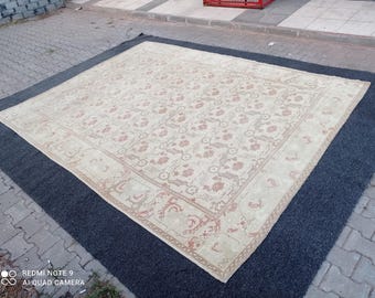 8x11 Oushak Rug, 8x11 Turkish Rug, 8x10.8 Pink Muted Anatolian