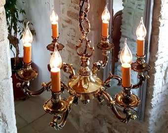Beautiful vintage, French, 6 position, solid bronze chandelier. Circa 1950's / 60's