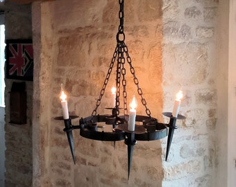 Stunning, vintage, French, wrought iron, artisan made, medieval / gothic style, 4 position chandelier. Circa 1940's / 50's