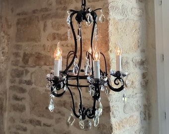 Gorgeous, vintage, French, wrought iron and crystal, gothic style, birdcage, chandelier. Circa 1950's / 60's