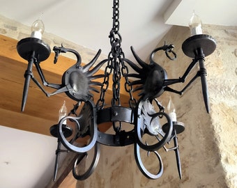 Magnificent, antique, French, wrought iron and steel, artisan made, medieval/gothic style, 4 position dragon chandelier. Circa early 1900's