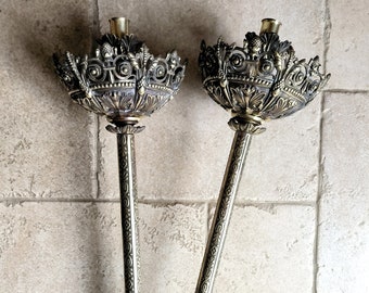 Pair of absolutely magnificent, large, antique, French, solid bronze, ecclesiastical processional candle torches. Circa early 1900's