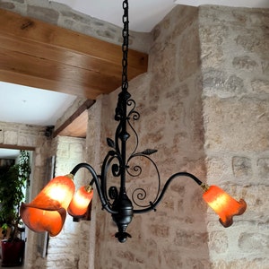 Stunning, vintage, French, tubular steel, Arts & Crafts style chandelier with glass shades by Tief of France. Circa 1970&#39;s / 80&#39;s