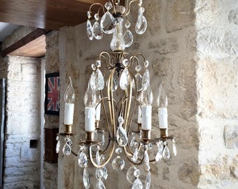 Impresionante lámpara de araña antigua francesa de estilo barroco, de bronce, con seis brazos, en forma de jaula de pájaros y cristal. De principios del siglo XX.