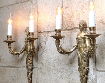 Gorgeous pair of antique, French, Louis XVI style, bronze, Greek Goddess, wall sconces. Circa early 1900s