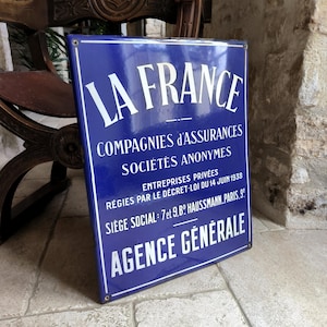 Gorgeous, rare, original, vintage, French, enamelled metal La France Assurance Sociétés Anonymes of Paris, advertising sign. Circa 1940&#39;s