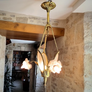 Absolutely stunning, rare, antique, French, Art Nouveau, bronze chandelier. Circa early 1900s