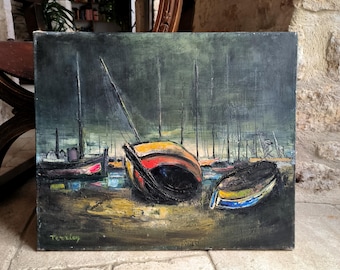 Vintage oil Painting, Nautical harbour, fishing boat, scene, French, impasto oil on canvas by Terrien Gérard. Circa 1950's
