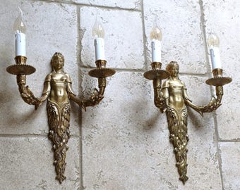 Gorgeous pair of antique, French, Louis XVI style, bronze, Greek Goddess, wall sconces. Circa early 1900s