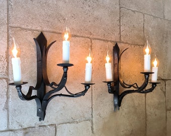 Very beautiful pair of vintage, French, handmade, gothic, 3 position, wrought iron, wall sconces / wall lights. Circa 1940's / 50's