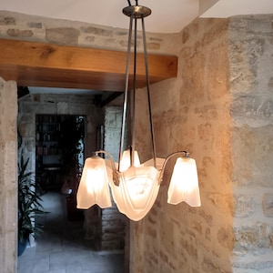 Magnificent, antique, French, Art Deco, nickel plated, pendant chandelier by David Guéron Degué. Circa 1920&#39;s