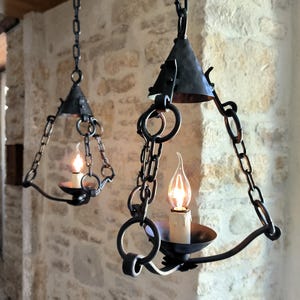 Stunning pair of French folk-art, Artisan made, vintage wrought iron Gothic/Rustic style, &#39;Pixie Cap&#39; lanterns. Circa 1940&#39;s/50&#39;s