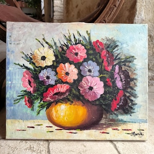Still life flowers in vase, French, Impasto oil on canvas signed &quot;Maruki&quot;. Circa 1940&#39;s / 50s&#39;