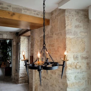 Stunning, vintage, French, wrought iron, artisan made, medieval / gothic style, 4 position chandelier. Circa 1940&#39;s / 50&#39;s