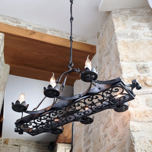 Gorgeous, vintage, French, wrought iron, artisan made, medieval / gothic style, 6 position rectangular chandelier. Circa 1940's / 50's