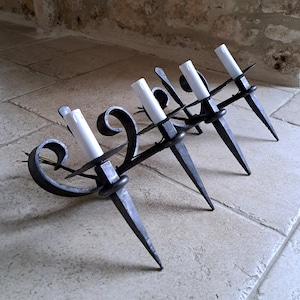 Stunning pair of vintage, French, handmade, gothic, wrought iron wall sconces. Circa 1940&#39;s / 50&#39;s