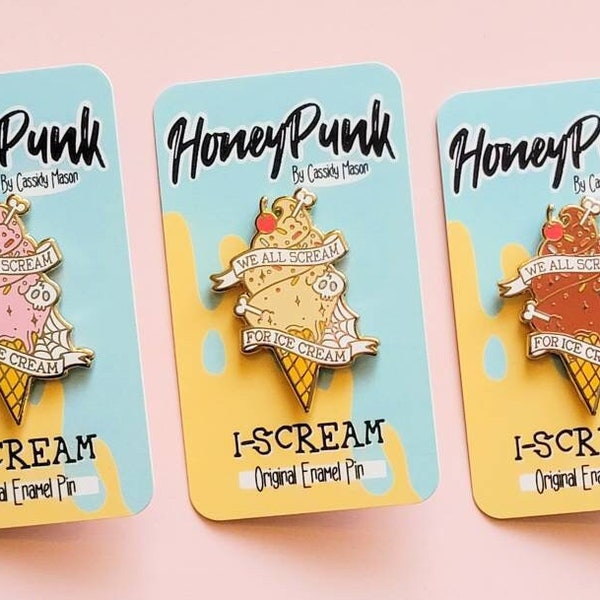 We All Scream For Ice Cream Hard Enamel Pin - Spooky Cute punk pin, Pastel goth pin, Skeleton ice cream enamel pin, creepy cute accessories