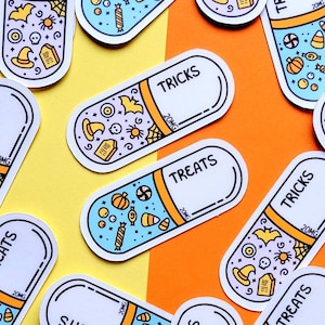 Tricks & Treats Cute Halloween Capsule Pill Stickers, Die cut skateboard stickers, Laptop sticker decal, Weather-resistant sticker flair