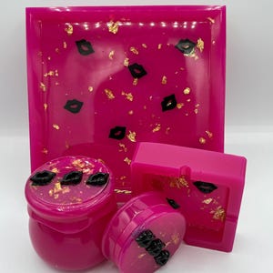 Custom Rolling Tray Set | Handmade Fuchsia with Black Lip Inserts & Gold Accents | Resin Grinder, Stash Jar, Ashtray | Name: Sassy Smooches