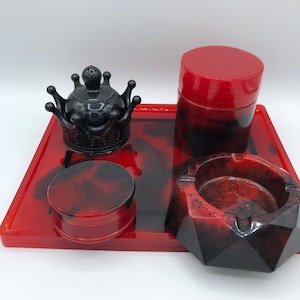Custom Rolling Tray Set | Handmade with Grinder, Stash Jar, Ashtray & Unique Figure | Name: Blood Reign | Personalized Smokers Gift