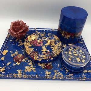 Custom Rolling Tray Set | Handmade with Grinder, Stash Jar, Ashtray & Unique Figure | Name: Sapphire Rose | Personalized Smokers Gift