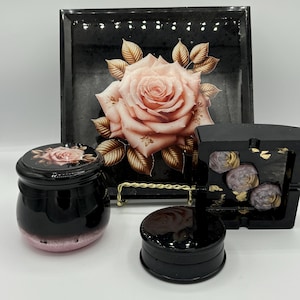 Custom Rolling Tray Set | Luxury Blush Pink Rose with Gold Leaves | Handmade Grinder, Stash Jar, Ashtray | Name: Blush Rose Mini