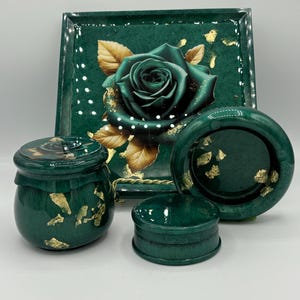 Custom Rolling Tray Set | Luxury Emerald Rose with Gold Leafing | Handmade Grinder, Stash Jar, Ashtray | Name: Emerald Rose Mini