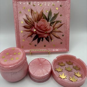 Custom Rolling Tray Set | Luxury Blush Pink Rose with Gold Leaf Confetti | Handmade Grinder, Stash Jar, Ashtray | Name: Blush Buds Mini