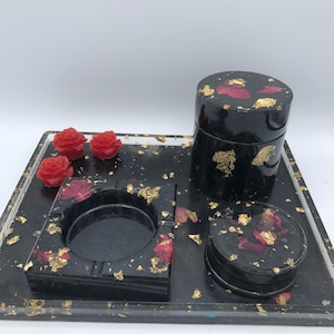 Custom Rolling Tray Set | Handmade with Grinder, Stash Jar, Ashtray & Unique Figure | Name: Black RosePrint | Personalized Smokers Gift