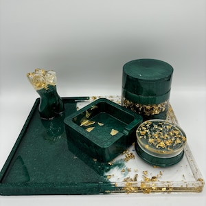Custom Rolling Tray Set | Handmade with Grinder, Stash Jar, Ashtray & Unique Figure | Name: Emerald Empress | Personalized Smoker’s Gift
