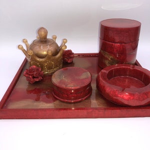 Custom Rolling Tray Set | Handmade with Grinder, Stash Jar, and Ashtray | Name: Rose Royalty | Rolling Tray Set for Smokers and Gift Idea