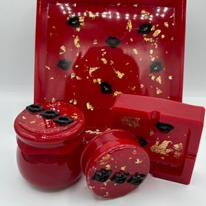 Custom Rolling Tray Set | Handmade Red with Black Lip Inserts & Gold Accents | Resin Grinder, Stash Jar, Ashtray | Name: Ruby Kisses
