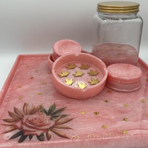 Custom Rolling Tray Set | Blush Pink with Rose and Gold Leaf Confetti | W/ 2 Grinders, Large Stash Jar, 2 Ashtrays | Name: Blush Buds Party
