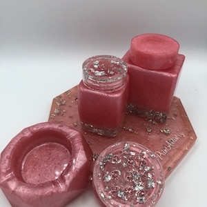 Custom Rolling Tray Set - Mini | Luxury Jewel-Tone Pink Resin with Silver Flakes | Tray, Grinder, Stash Jar, Ashtray | Name: Pink Jewels