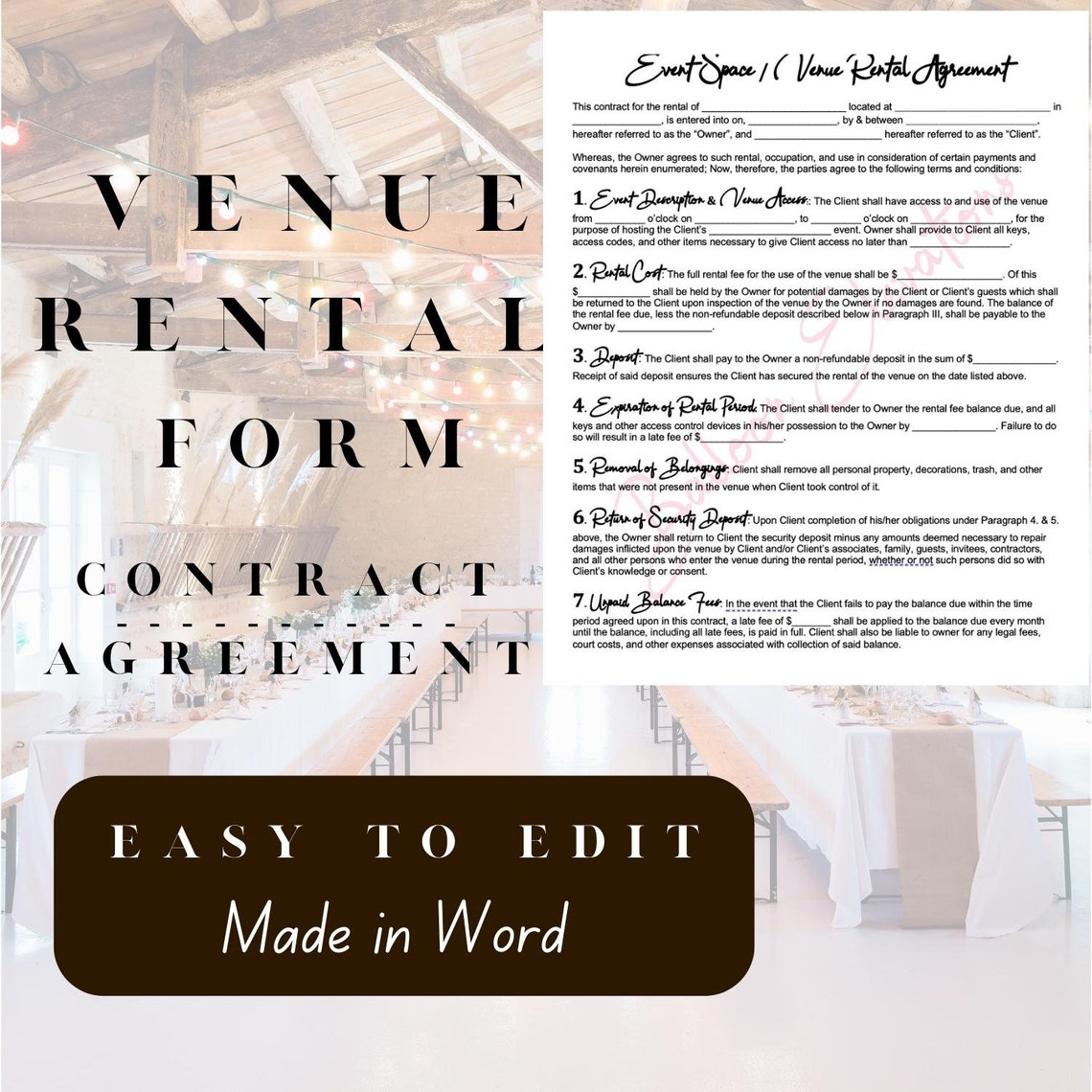 Venue Rental Contract Agreement EASY to Edit DIGITAL DOWNLOAD Word Doc ...