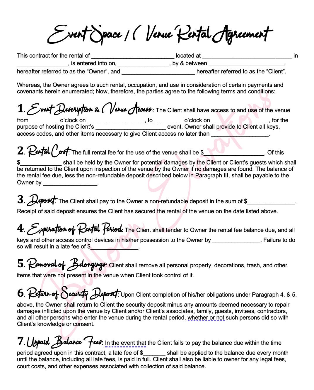 Venue Rental Agreement Contract EASY to Edit DIGITAL DOWNLOAD Word Doc Venue Rental Agreement Contract EASY to Edit DIGITAL DOWNLOAD Word Doc
