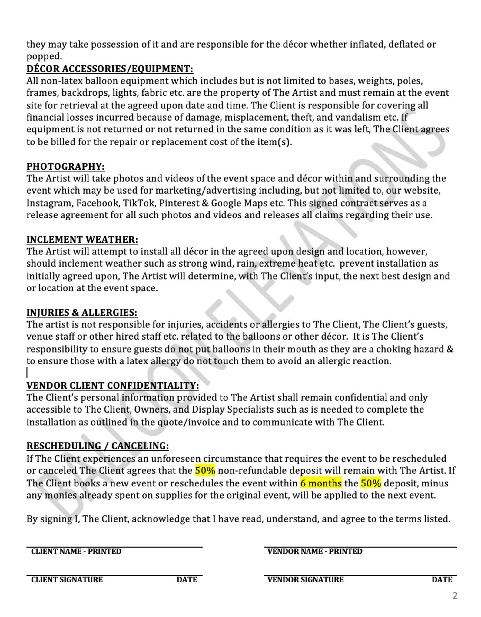 Balloon Decor Contract, Balloon Service Contract, EASY to Edit in WORD Balloon Terms