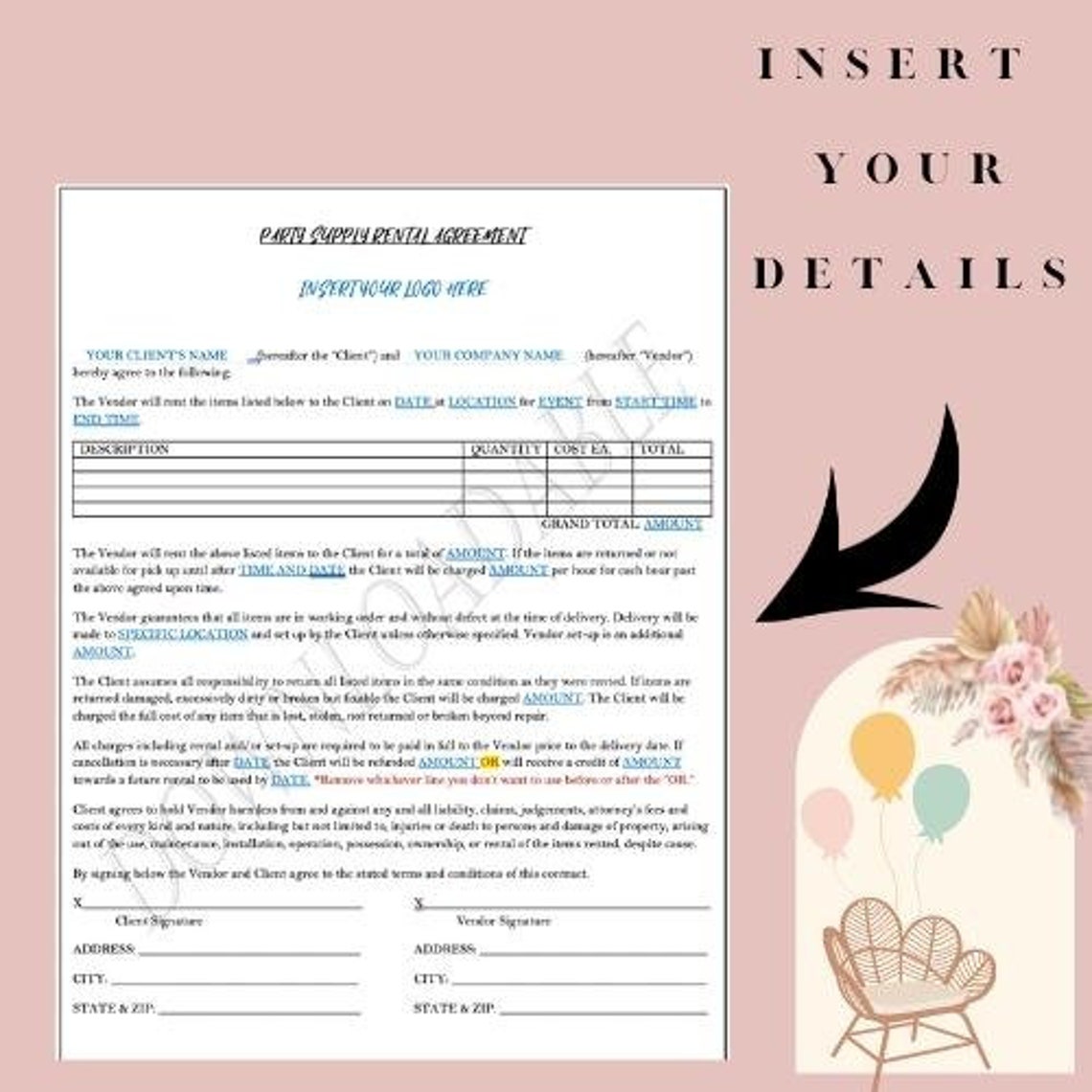 Event Decor Rental Contract Agreement / Microsoft Word / EASY TO EDIT