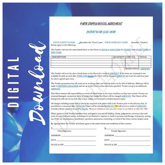 Contrato de contrato de alquiler de suministro de fiesta fácil - Etsy España Contrato de contrato de alquiler de suministro de fiesta fácil - Etsy España