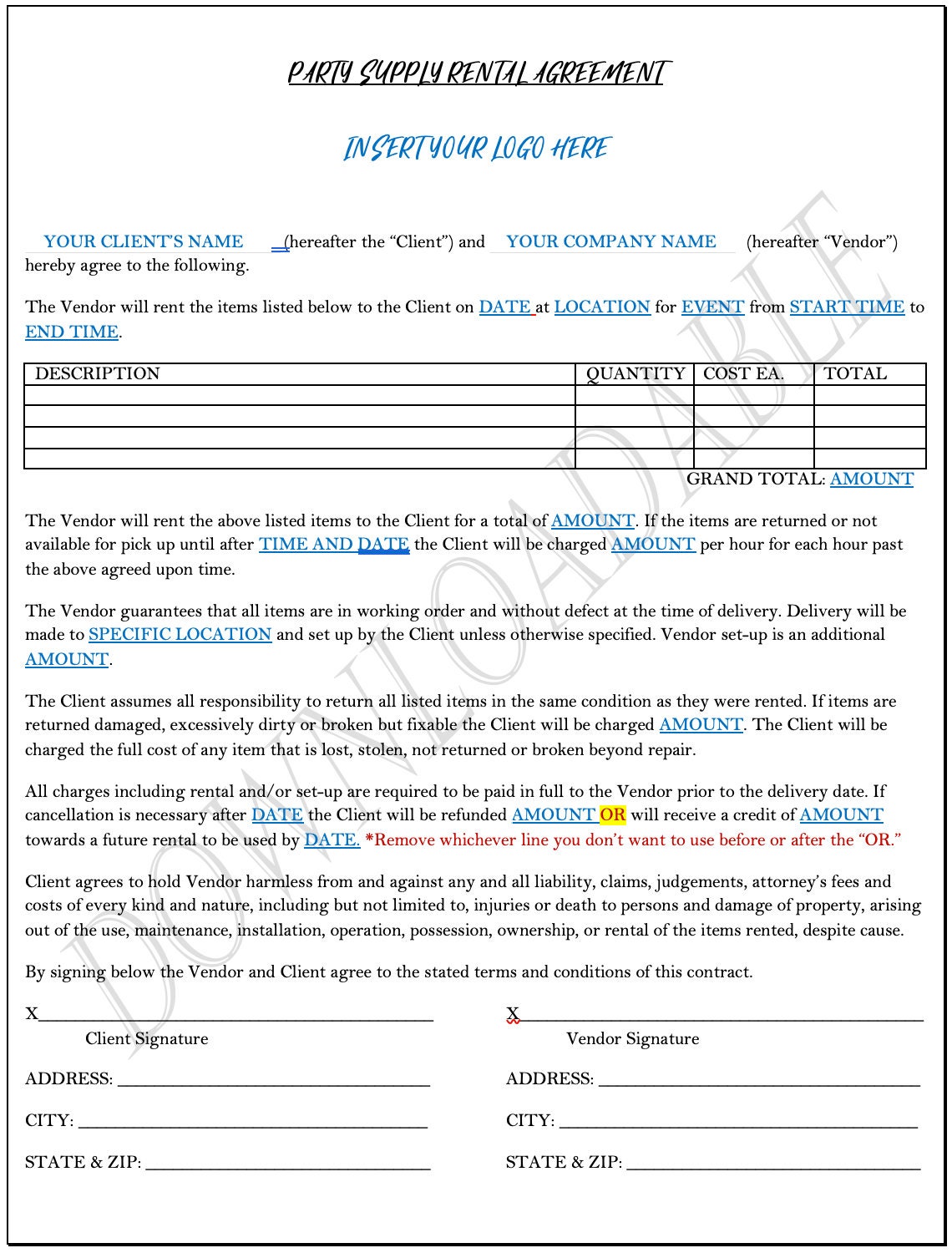 Party Supply Rental Contract Template Party Supply Rental Contract Template