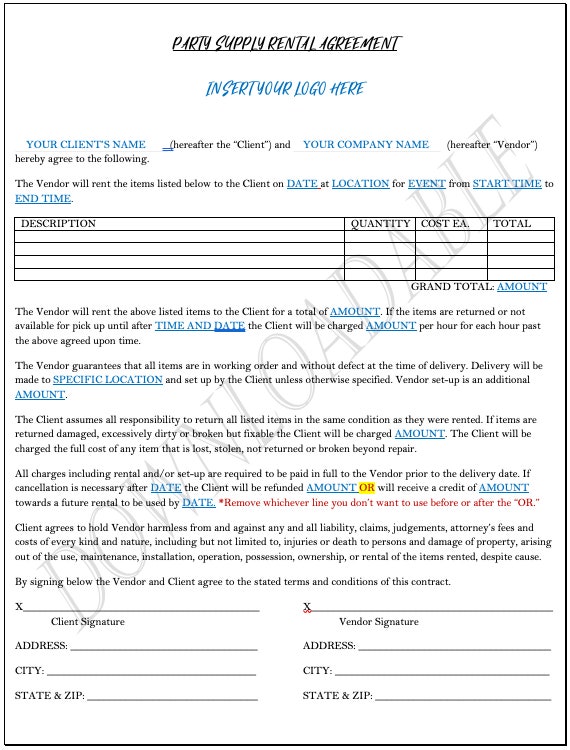 Contrato de contrato de alquiler de suministro de fiesta fácil - Etsy España Contrato de contrato de alquiler de suministro de fiesta fácil - Etsy España