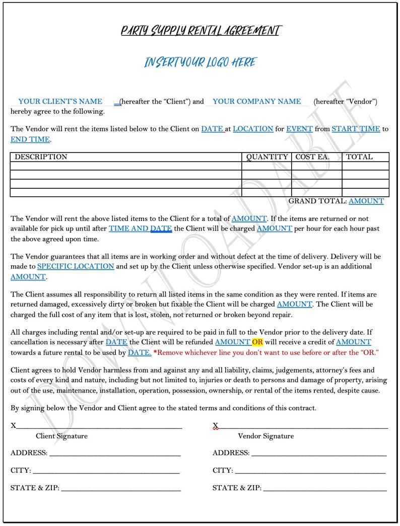 Event Decor Rental Contract Agreement / Microsoft Word / EASY TO EDIT