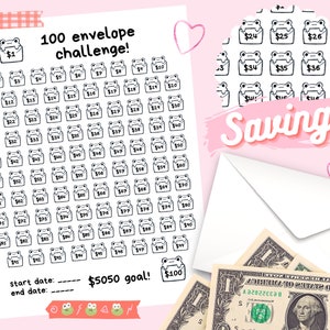 May include: A printable 100 envelope challenge savings tracker with frog illustrations. The tracker includes a goal of $5050 and spaces to write in start and end dates.