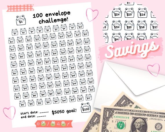Printable 100 Envelope Savings Challenge Cute Frog and Kitty