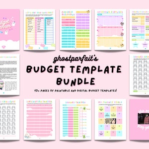 Puede incluir: Un conjunto de plantillas de planificador presupuestario rosas con varios diseños, que incluyen secciones para gastos, ahorros y objetivos financieros. Las plantillas presentan colores pastel, ilustraciones lindas y el texto "budget planner" y "Budget Template Bundle".