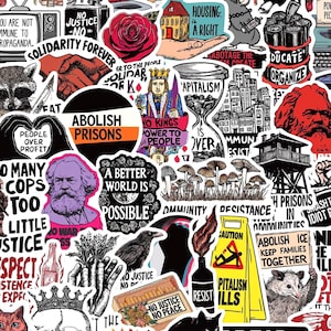 Puede incluir: Una colección de pegatinas de vinilo variadas con temas políticos y de justicia social. Los diseños incluyen ilustraciones de animales, figuras históricas, lemas de protesta y símbolos como puños en alto, calaveras y señales de precaución en varios colores.