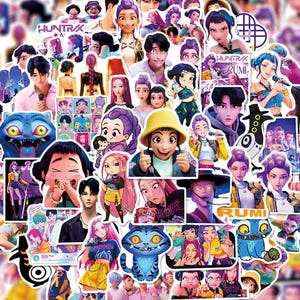 May include: A collection of colorful stickers featuring anime-style characters. The stickers showcase various characters with diverse hairstyles and outfits. Some stickers have text, including "HUNTRAX" and "RUMI". The stickers are suitable for decorating laptops, water bottles, or notebooks.