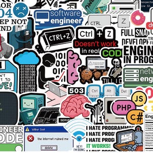 Op de afbeelding: Een verzameling kleurrijke vinylstickers met thema's rond programmeren en techniek. De ontwerpen bevatten computertoetsen, binaire code, hersenillustraties, softwareterminologie en humoristische teksten zoals Error 404, Ctrl+Z en Engineer in Progress.