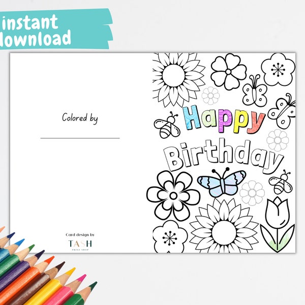 Happy Birthday Printable Coloring card/ Kids coloring card/ Flowers and butterflies color card /Digital Download / Instant Print / PORTRAIT